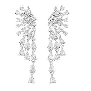 Brinco Penduricalhos Mini Gotas Cravejado Banho de Ródio Branco