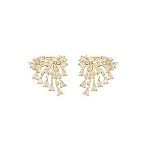 Brinco Leque Zircônias Gota Banho de Ouro 18k