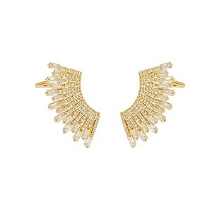 Brinco Ear Cuff Leque Zircônias Baguettes Incolor Banho de Ouro 18k