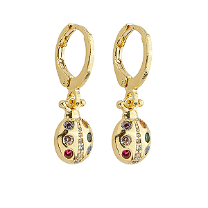 Argola Mini Infantil Joaninha Zircônias Coloridas Banho de Ouro 18k