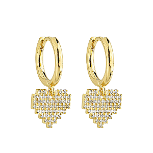 Argola Coração Pixel Cravejado Banho de Ouro 18k