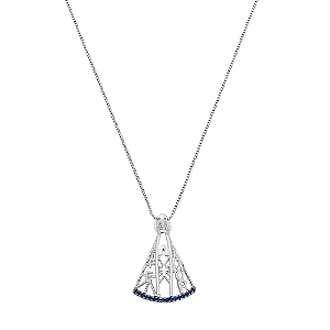 Colar Religioso Nossa Senhora Aparecida Zircônias Safira Banho de Ródio Branco