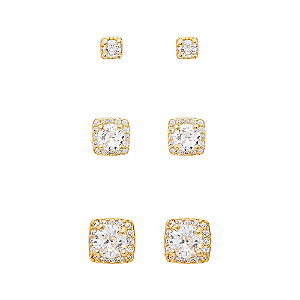Trio de Brincos Quadrados Cravejados Incolor Banho de Ouro 18k