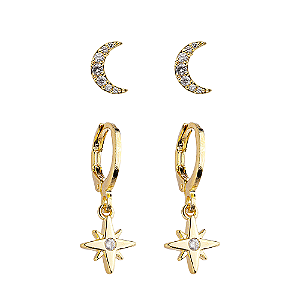 Duo Argola Estrela Brinco Lua Banho de Ouro 18k