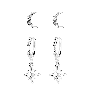 Duo Argola Estrela Brinco Lua Banho de Ródio Branco