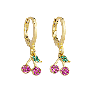Argola Infantil Cereja Cravejada Banho de Ouro 18k