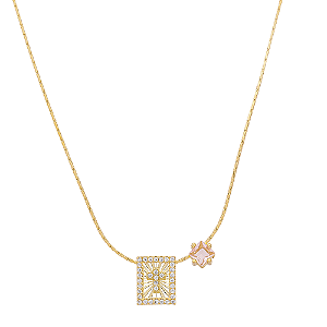 Colar Cruz Cravejado Zircônia Rosa Banho de Ouro 18k
