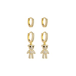 Duo Argola Urso Cravejado Incolor Banho de Ouro 18k