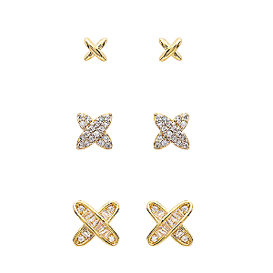 Trio Brincos X Zircônia Incolor Banho de Ouro 18k