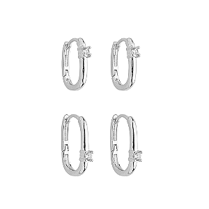 Duo Argolas Oval Zircônia incolor Banho de Ródio Branco