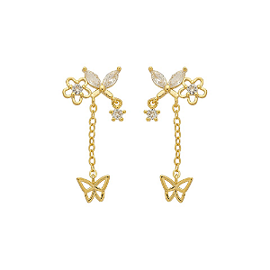 Brinco Borboleta com Flor e Zircônias Incolores Banho de Ouro 18k