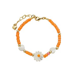 Pulseira Infantil Laranja Margarida Zircônias e Madreperola Banho de Ouro 18k