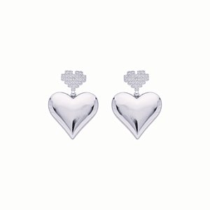 Brinco Coração Duplo Zircônias Incolor Banho de Ródio Branco