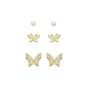 Basiquinhos: Trio Borboletas e Pérola Zircônias Incolor Banho de Ouro 18K