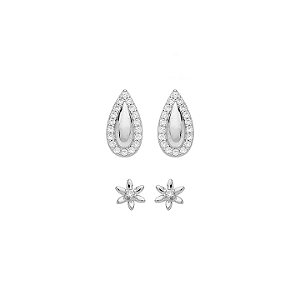 Duo Gota Entorno Cravejado e Mini Flor zircônias Incolor Banho de Ródio