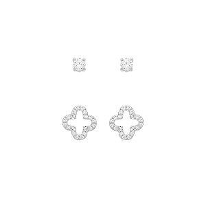 Duo de Brincos Trevo e Ponto de Luz Banho de Ródio Branco