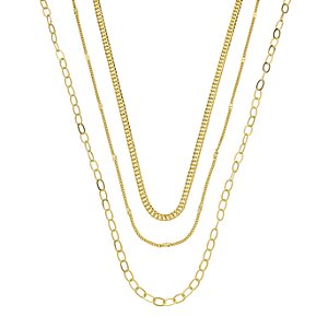 Colar Triplo Correntes Grumet Banho de Ouro 18k