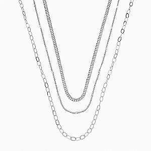 Colar Triplo Correntes Grumet Banho de Ródio Branco