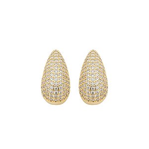 Brinco Gota Cravejada em Zircônias Incolor no Banho de Ouro 18K