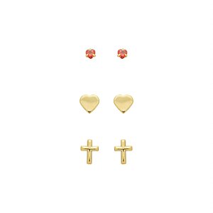 Basiquinhos: Trio Coração, Cruz e Ponto de Luz Rubi Banho de Ouro 18k