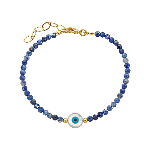 Pulseira Handmade Lápis-Lazúli Azul com Olho Grego no Banho de Ouro 18k