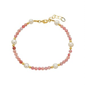 Pulseira Handmade Ágata Rosa com Pérola Natural no Banho de Ouro 18k