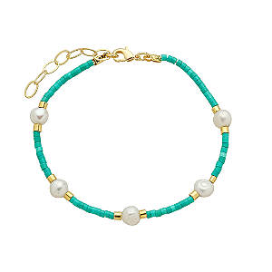 Pulseira Handmade Pérolas Água Doce e Mini Canutilhos Cor Turquesa no Banho de Ouro 18k