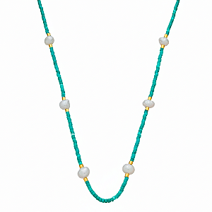 Colar Handmade Pérolas Água Doce e Mini Canutilhos Cor Turquesa no Banho de Ouro 18k