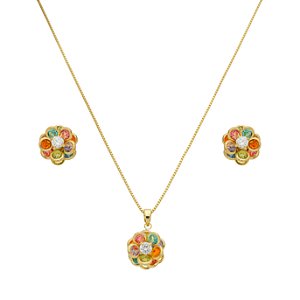 Conjunto Flor Pétalas Arredondadas Colorida no Banho de Ouro 18K