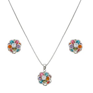 Conjunto Flor Pétalas Arredondadas Colorida no Banho de Ródio Branco