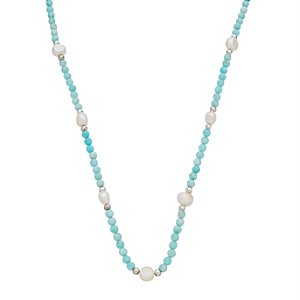 Colar Handmade com Pérola de Água Doce e Amazonita no Banho de Ródio Branco