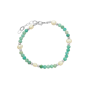 Pulseira Handmade com Pérola de Água Doce e Amazonita no Banho de Ródio Branco