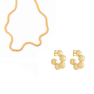 Kit Argola Carol Esferas + Colar Snake no Banho de Ouro 18k