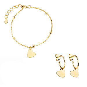 Kit Argola + Pulseira de Coração Banho de Ouro 18k