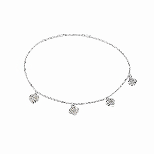 Tornozeleira em Prata 925 com Pingentes de Coração e Flor Cravejados