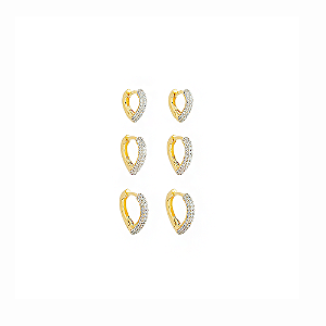 Basiquinhos Argolas Corações e Zircônias Incolor no Banho de Ouro 18k