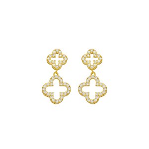 Brinco Trevo Duplo Vazado Entorno Zircônias no Banho de Ouro 10k