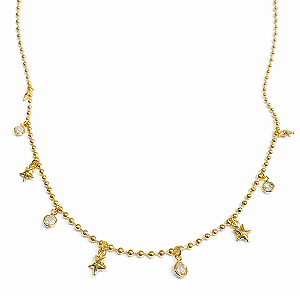 Colar Mini Esferas com Estrelas e Zircônias no Banho de Ouro 18K