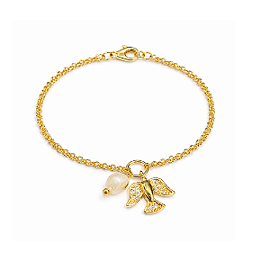 Pulseira com Pingente de Espírito Santo e Pérola de Água Doce no Banho de Ouro 18K