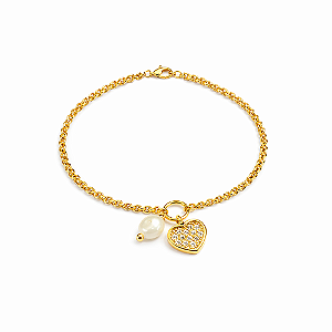 Pulseira com Pingente de Coração e Pérola de Água Doce no Banho de Ouro 18K