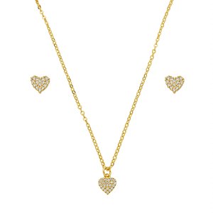 Conjunto Coração Zircônias Incolor Banho de Ouro 18k