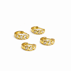 Duo Argolas Corações Zircônia Incolor Banho de Ouro 18k