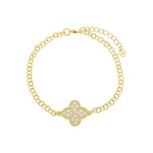 Pulseira Elos Portugueses Trevo Cravejado Banho de Ouro 18k