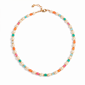 Colar Infantil de Pérolas com Zircônias Coloridas e Detalhes no Banho de Ouro 18k