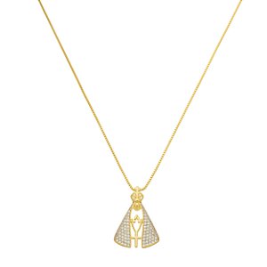 Colar Nossa Senhora Aparecida Médio Zircônias Incolor Banho de Ouro 18k