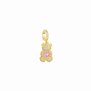 Pingente Ursinho com Zircônias e Coração Rosa no Banho de Ouro 18k