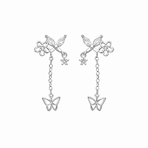 Brinco Borboleta com Flor e Zircônias Incolores Banho de Ródio Branco