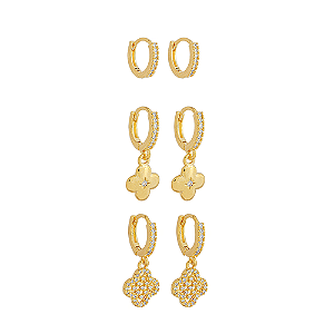 Trio de Argolas com Penduricalhos de Trevo no Banho de Ouro 18k