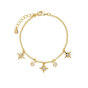 Pulseira Elos Portugueses com Estrelas e Pontos de Luz Banho de Ouro 18k