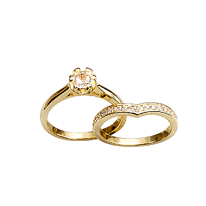 Anel Duplo Solitário e Aparador Zircônias Incolor Banho de Ouro 18k